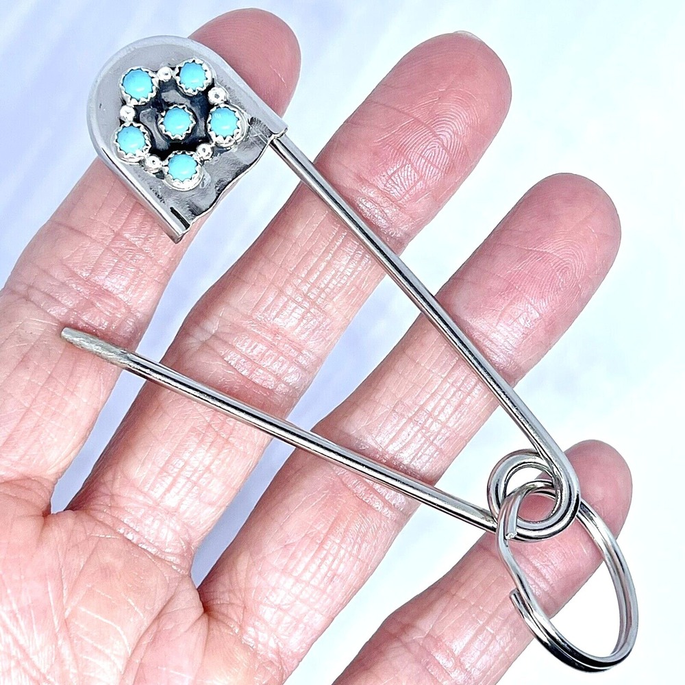 Giant Safety Pin Keyring Turquoise Cluster Key Chain Tag 4in Navajo Mens Gift